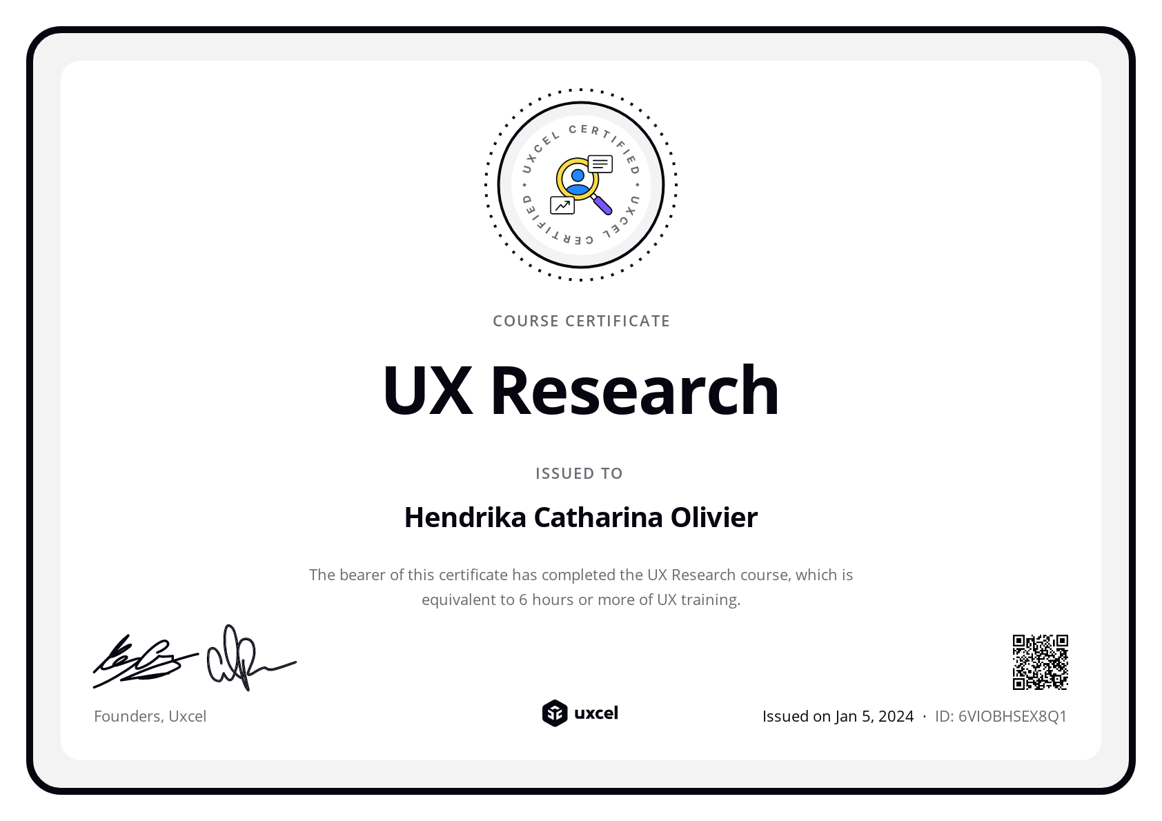 Rika van Leeuwen's certificate